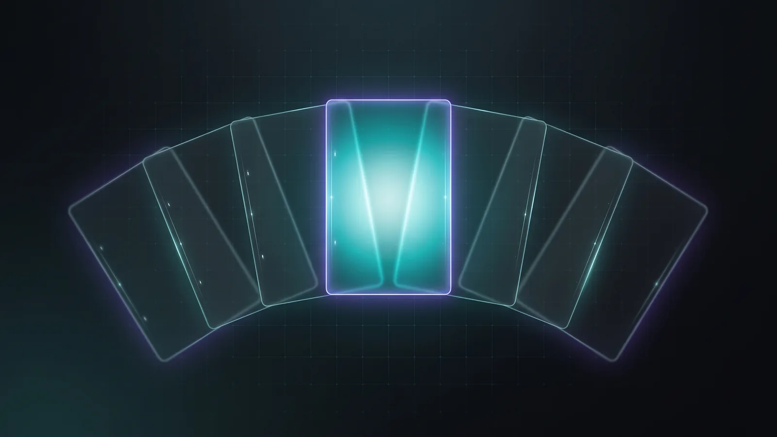 Illustration: a fan of glass question cards with the middle card lit