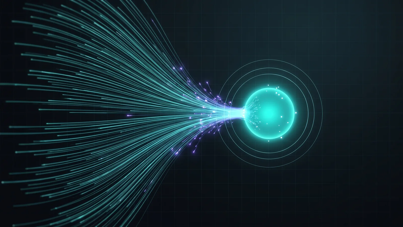 Illustration: hundreds of streams of teal light converging on one glowing orb, representing many sources feeding a single AI answer