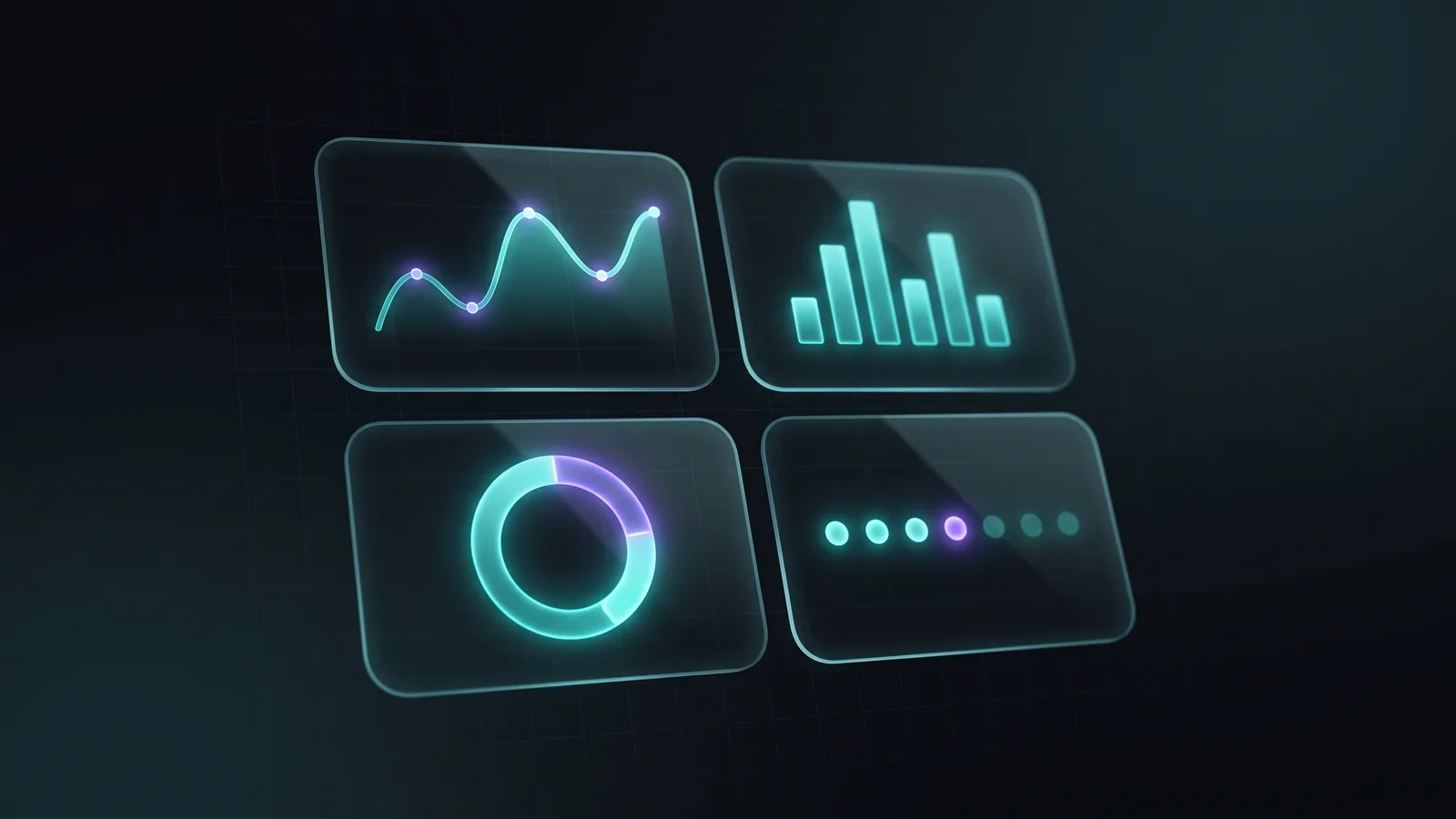 Illustration: a four-tile glass dashboard with a line chart, bars, a ring and a row of dots