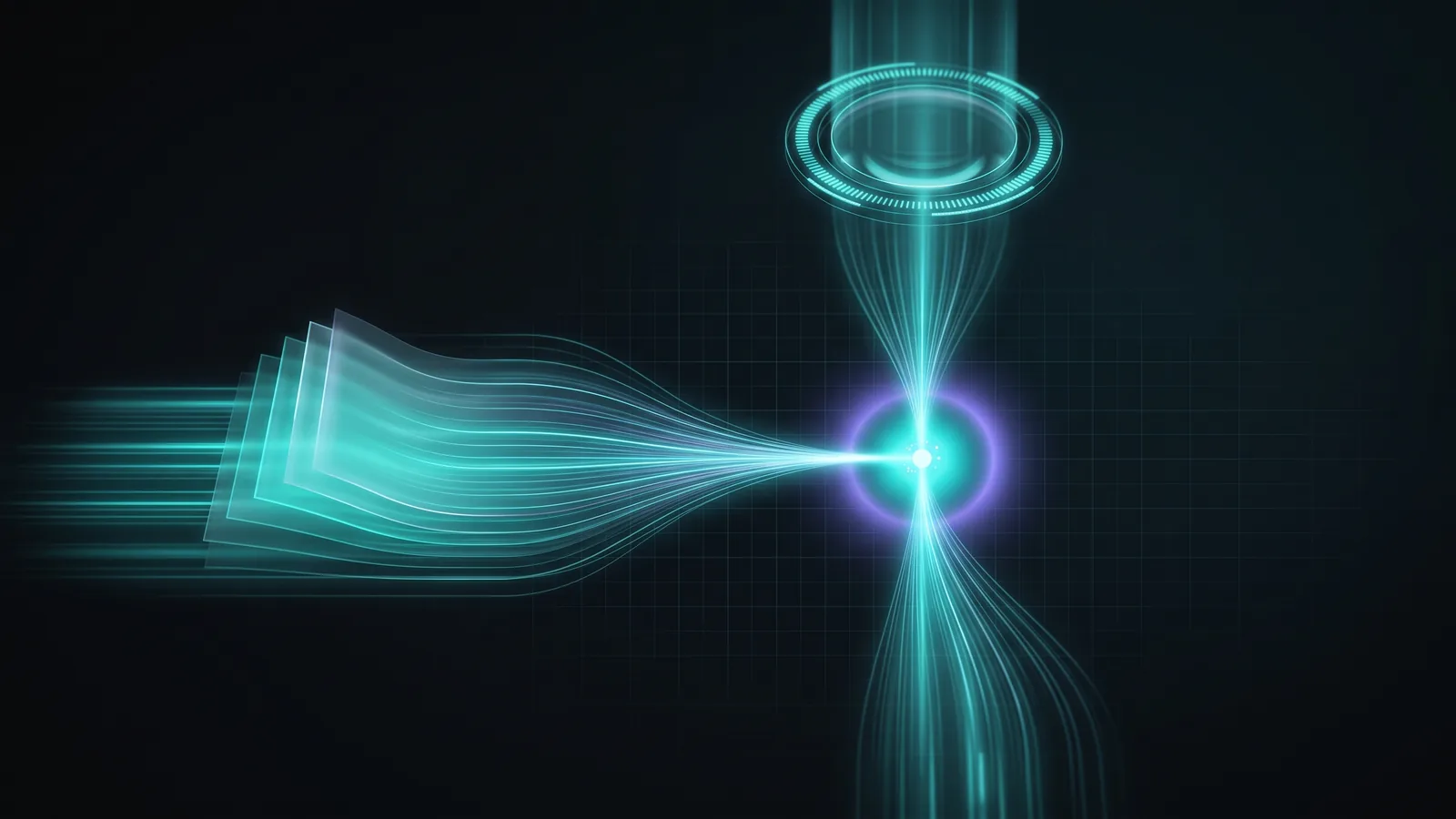 Illustration: two streams of light, one from stored pages and one from a search lens, meeting at a single answer