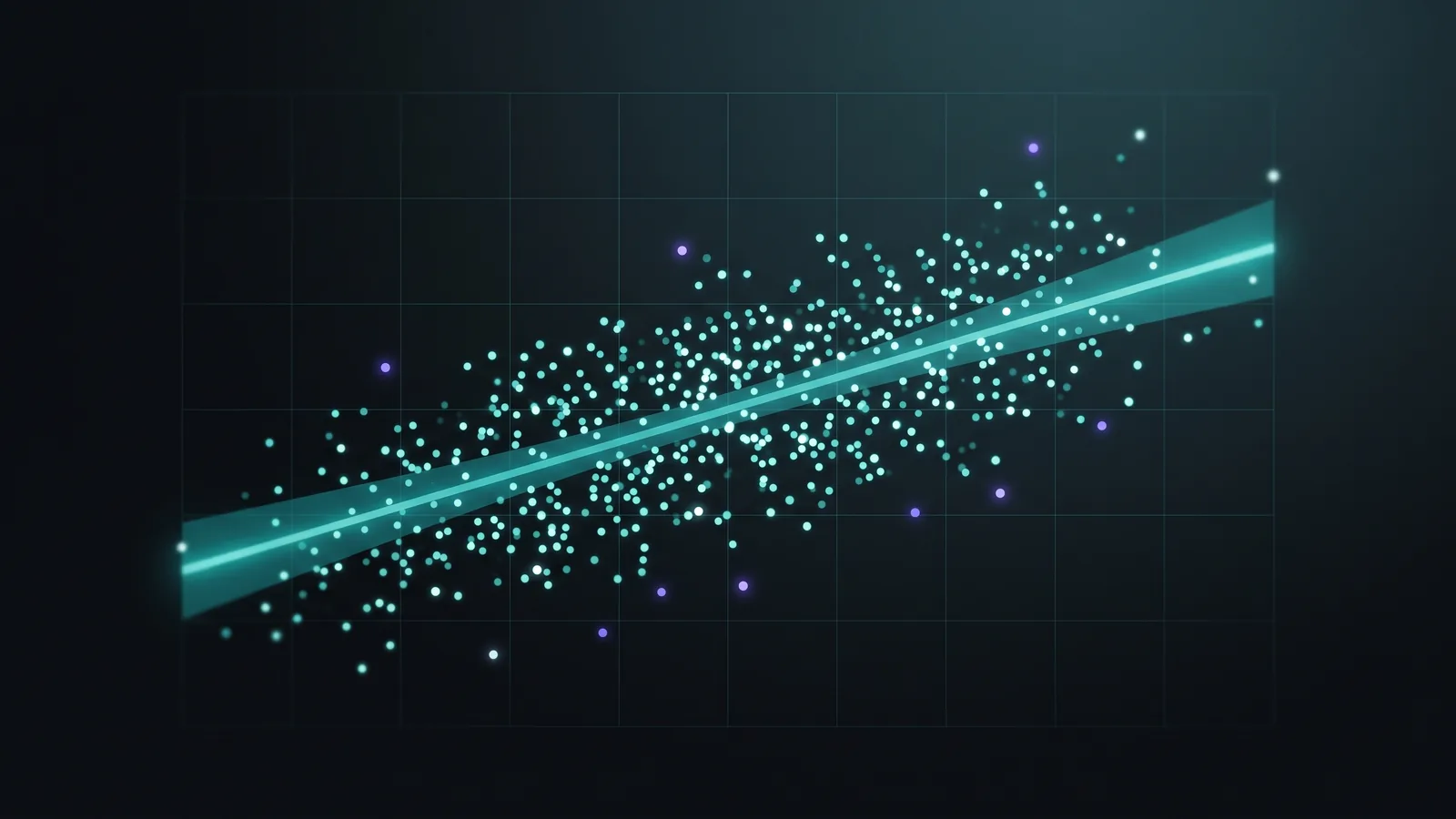 Illustration: scattered data points with a glowing trend line and confidence band