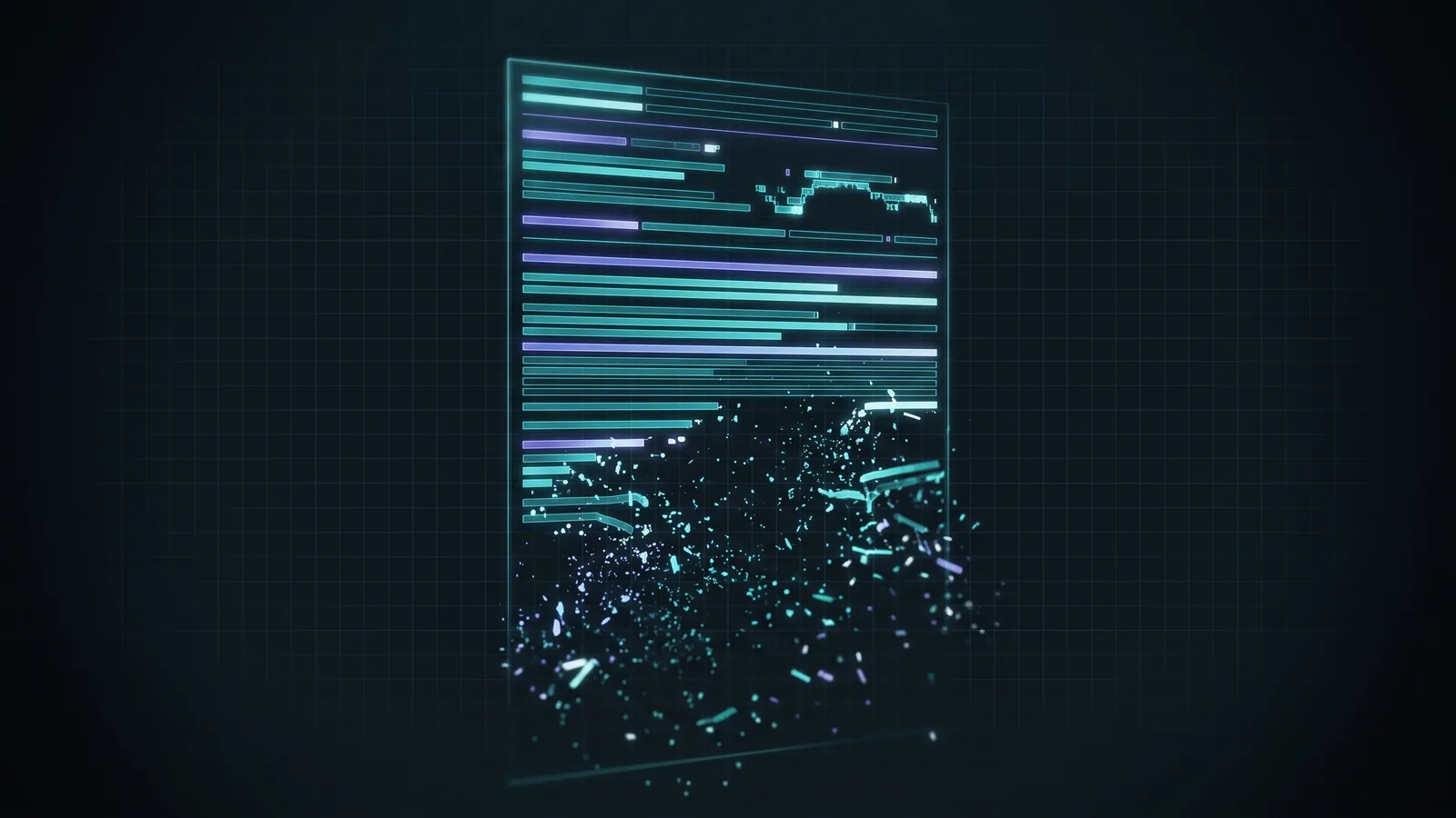 Illustration: a web page whose lower half dissolves into particles, as a crawler without JavaScript sees it