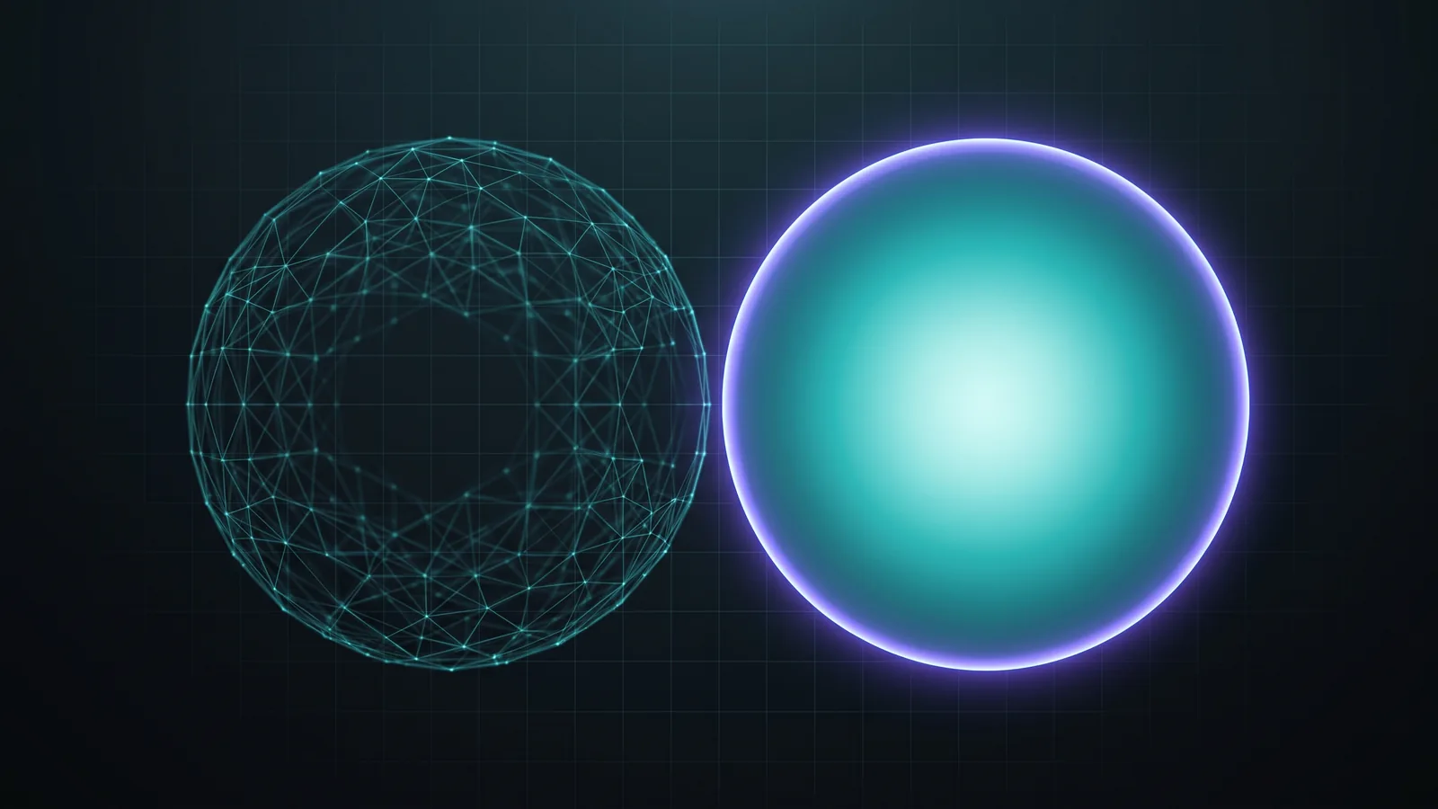 Illustration: a hollow wireframe sphere beside a solid glowing orb, two near-identical shapes kept apart
