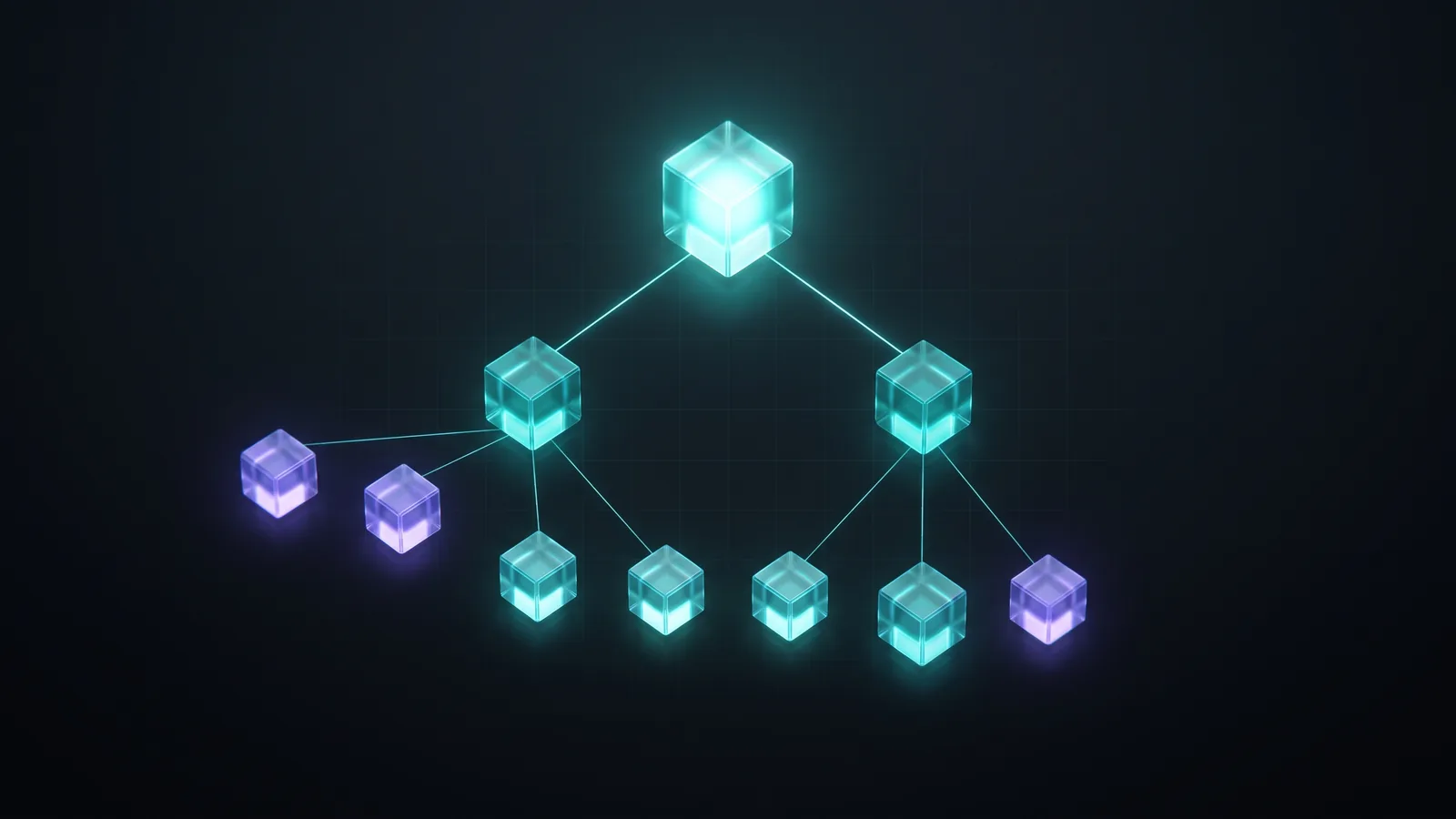 Illustration: a tree of glowing connected blocks representing structured data
