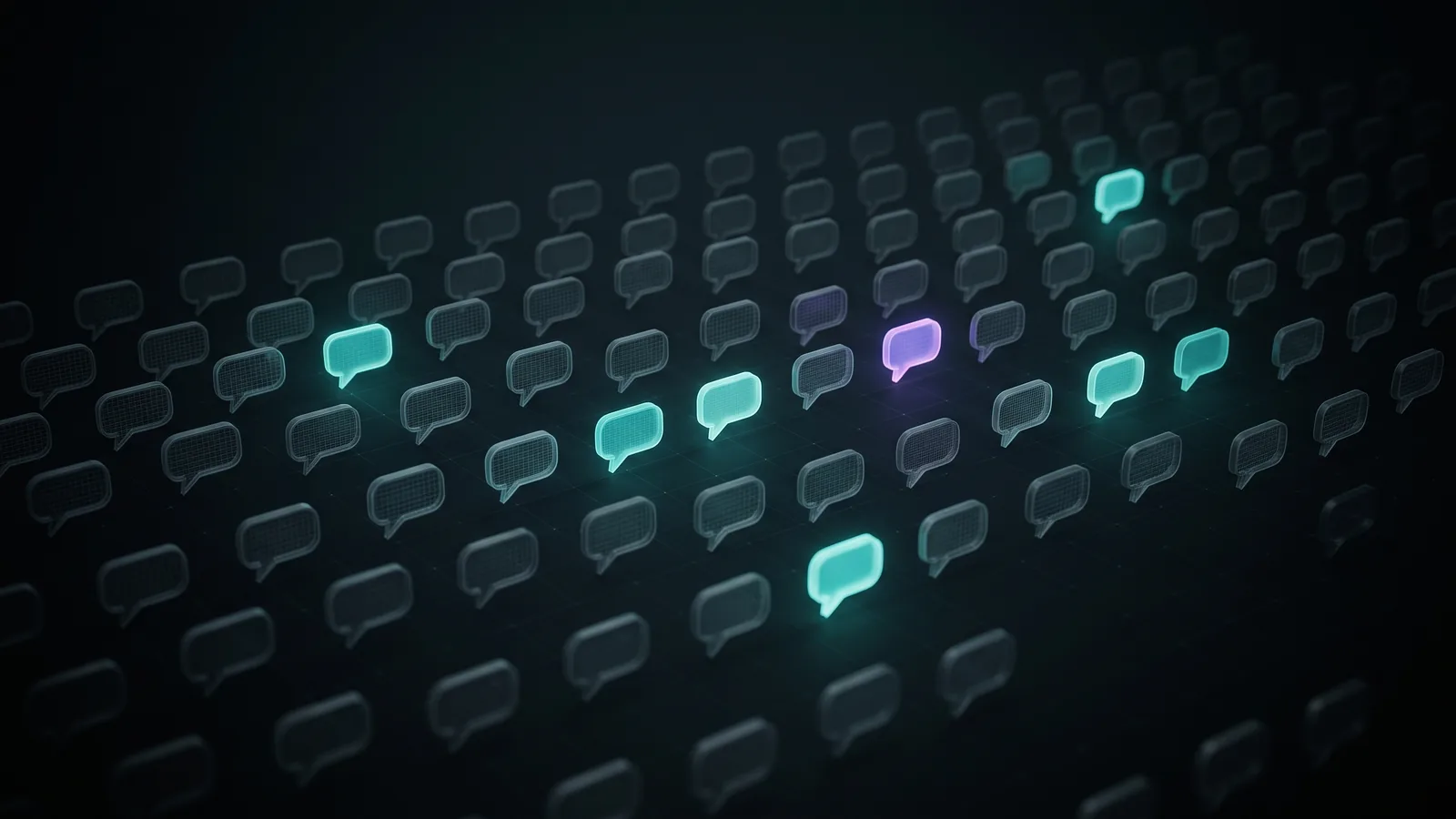 Illustration: rows of chat bubbles stretching into the distance, almost all dim, with a few glowing teal and one violet